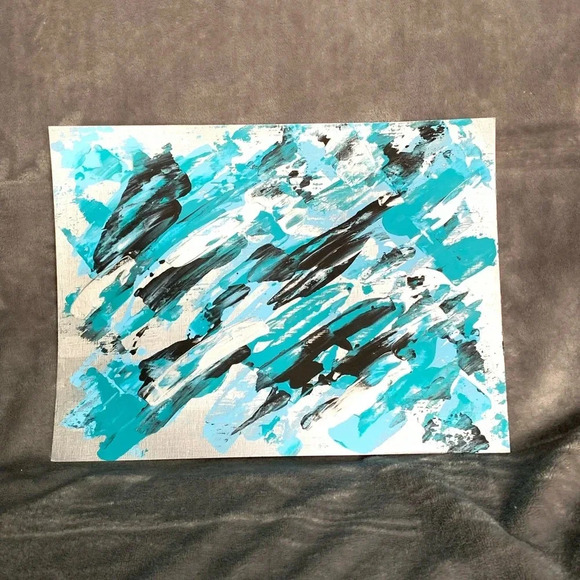 NEW Original silver, teal, blue and black art 9x12 - Picture 3 of 9